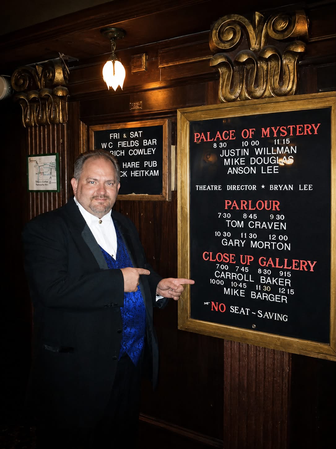 Carroll Baker beside the Magic Castle show board, listing him in the Close-Up Gallery